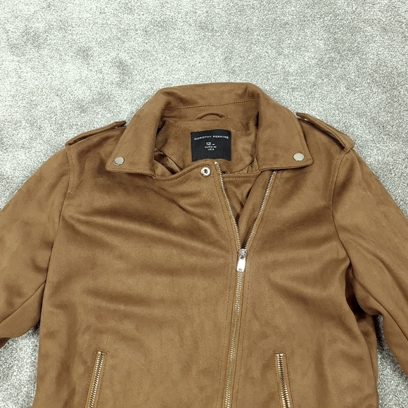 Dorothy Perkins Brown Suede Feel Long Sleeve Jacket Coat UK 12 Zip Pockets - Picture 2 of 5